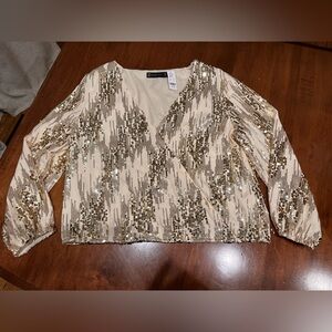 New York & Company Sequin Blouse in Gold and Cream